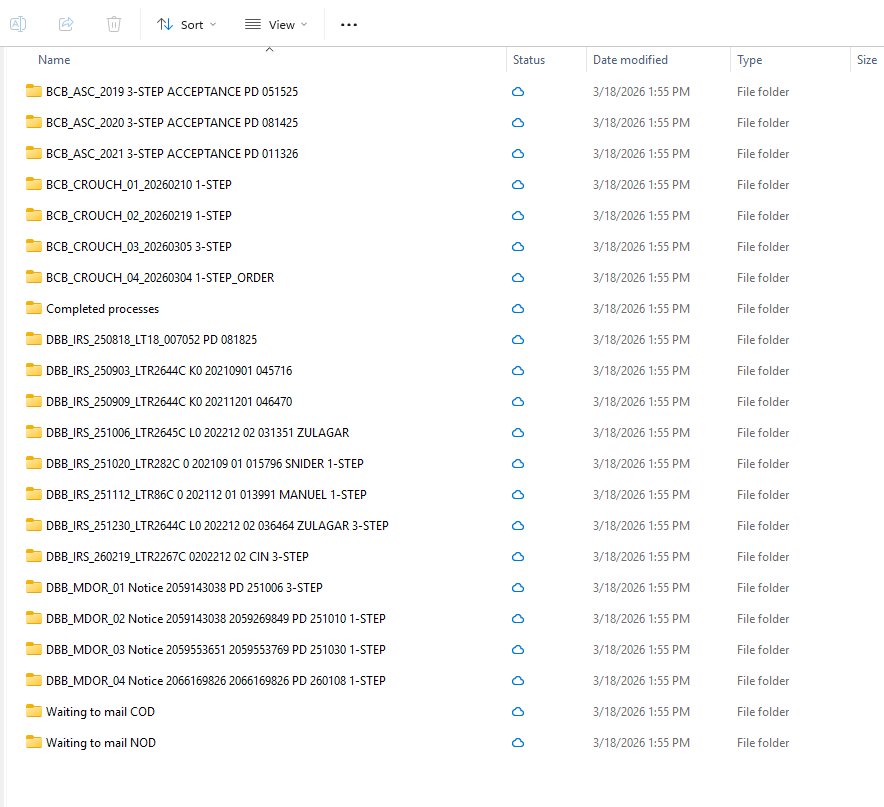 Top-level folder organization showing BCB and DBB case folders